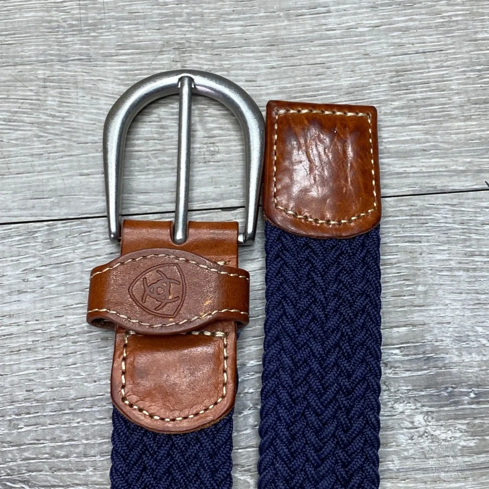 Ariat Belt Braided‎ Stretch Mens Medium Navy Blue Leather Trim Equestrian Casual
